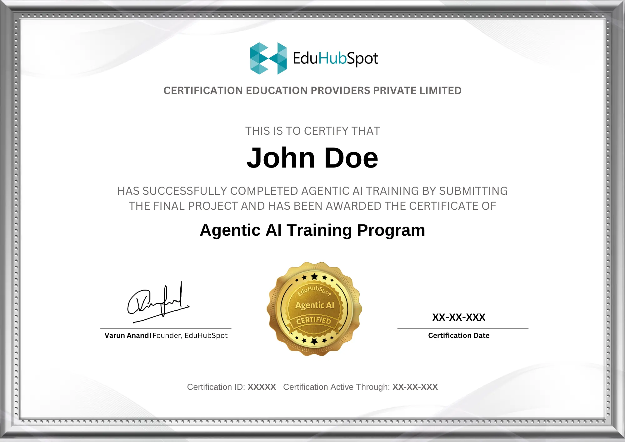 Certification awarded to Shrasti Patel for earning 30 PDUs by completing the Artificial Intelligence Project Management Certification course from Oct 05, 2024 to Oct 13, 2024, issued by Certification Education Providers Private Limited with signature of course advisor Gautham Sudakar.